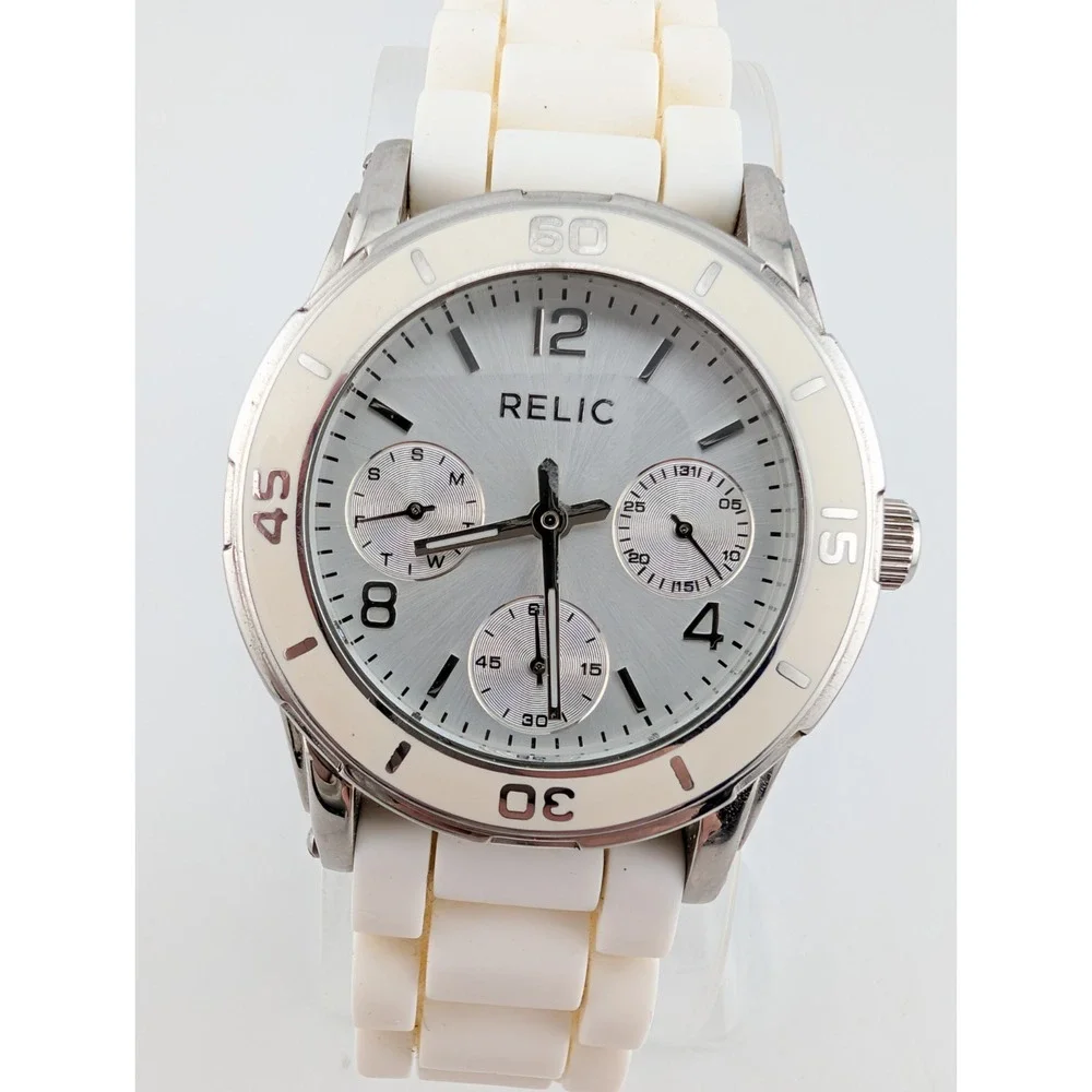 Relic Multifunction Watch Women 34mm‎ Case Silicone Band ZR15582- New Battery